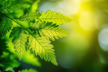 Fototapeta premium Vibrant green leaves illuminated by sunlight with a blurred background, showcasing nature's beauty and serenity in a lush environment with bright colors.