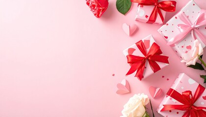 Beautiful Valentines Day Gifts and Roses Arrangement on Pink Background.