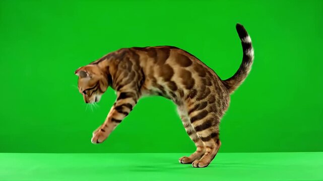 Dynamic shot of an elegant Bengal cat in a playful arch, highlighting its striking spotted fur pattern against a vivid green studio backdrop