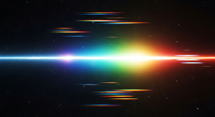 Naklejka premium Vibrant rainbow light beam streaks across a starry dark space with a bright glowing effect and colorful trails