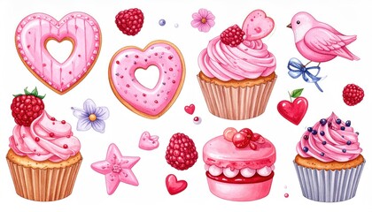 Charming watercolor illustration of romantic pink desserts, cupcakes, cookies, and a bird.