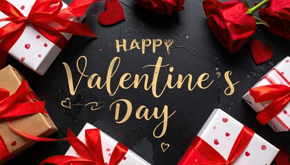 Happy Valentines Day celebration with gifts and red roses on a dark background.