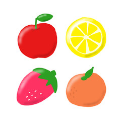 水彩風の可愛いフルーツイラストセット（リンゴ・レモン・イチゴ・ミカン）