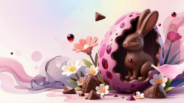 a brown rabbit sitting inside a pink, spotted egg-shaped object. The egg has a wavy edge and is surrounded by white flowers with yellow centers, green leaves.