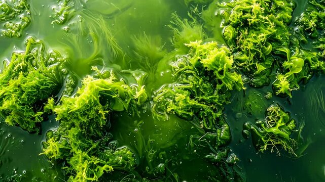 Lush Green Algae Bloom in Clear Water - A Vibrant Aquatic Ecosystem.