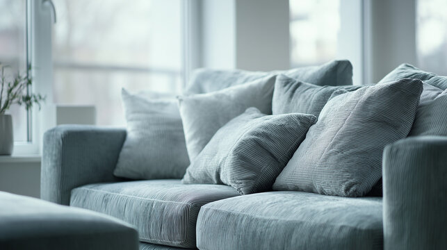 unawareness. Contemporary living space with gray fabric sofa and decorative pillows in modern minimalist design. real-estate listings.