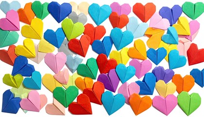 A Vibrant Assortment of Colorful Origami Hearts Scattered on a White Background.