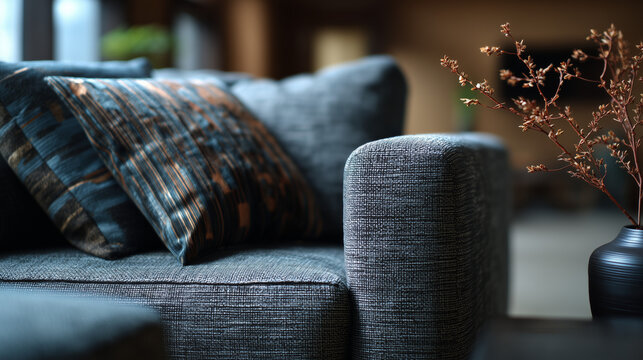 unawareness. Contemporary living space with gray fabric sofa and decorative pillows in modern minimalist design. real-estate listings.