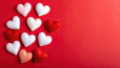 Assorted heart shapes in various colors scattered on a vibrant red background.