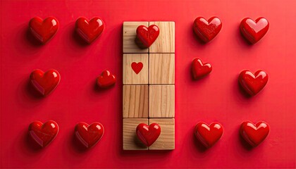 Red hearts arranged around a wooden tic tac toe game board for Valentines Day.