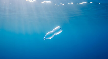 Obraz premium Empty plastic bottle floating underwater in the deep blue sea wi