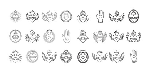 Sacred heart line art set with angel wings and halo symbols for mexican folk art inspired designs