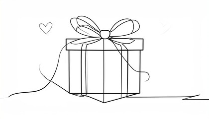 Minimalist single line drawing of a gift box with a bow and ribbon.