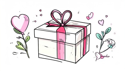 Hand drawn gift box with pink ribbon and heart shaped bow surrounded by floral elements and small hearts.