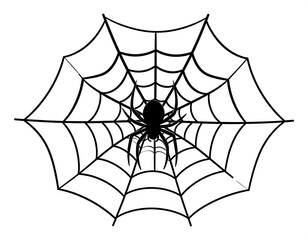 Stylized spider on web; concentric, radiating lines create the web design, black silhouette
