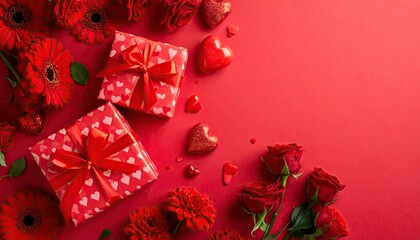 Romantic Valentines Day Arrangement with Red Flowers Gifts and Hearts.