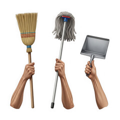 Hands holding cleaning tools including broom, mop, and dustpan isolated on transparent background