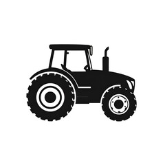 Silhouette of a tractor. Large tire, cabin, and exhaust pipe visible. Side view, white background