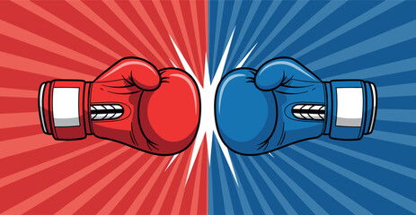 Red and Blue Boxing Gloves Clashing in Combat Sports Competition Vector Illustration with Dynamic Sunburst Background for Athletic Design.