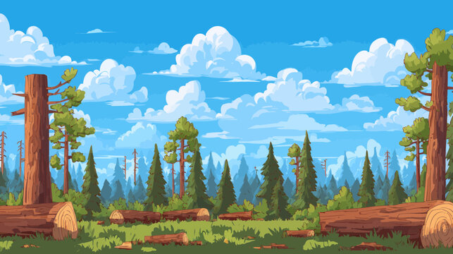 Forest logging scene with cut trees and logs under a blue sky