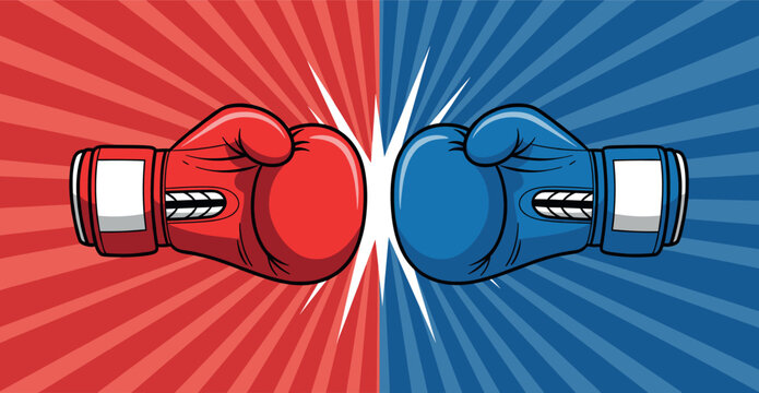 Red and Blue Boxing Gloves Clashing in Combat Sports Competition Vector Illustration with Dynamic Sunburst Background for Athletic Design.