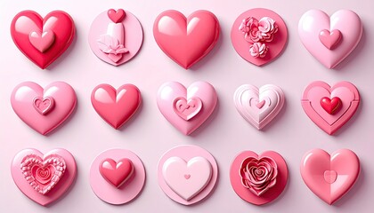 Collection of decorative pink and red heart shapes for Valentines Day celebration.