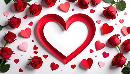 Beautiful romantic arrangement of red roses and heart shapes for Valentines Day celebration.