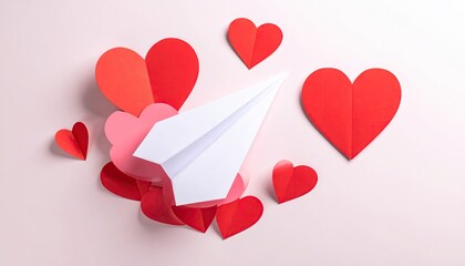 White paper airplane soaring through a cluster of red and pink hearts on a soft pink background.