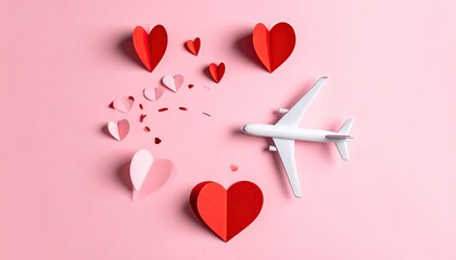 White airplane flying towards a collection of red paper hearts on a soft pink background symbolizing love and travel.