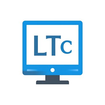 A stylized computer monitor displaying "LTC" in blue