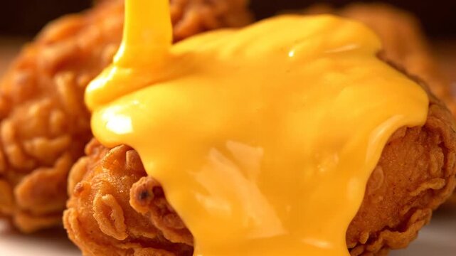 Fried chicken being drizzled with melted cheese in a close-up shot