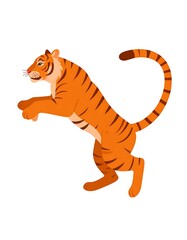A stylized orange tiger, leaping with a curved tail