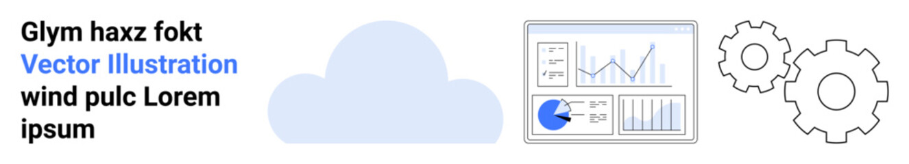 Cloud icon, analytics dashboard showcasing charts and graphs with gear icons representing settings, automation, and technology. Ideal for technology, workflow, data analysis, cloud computing