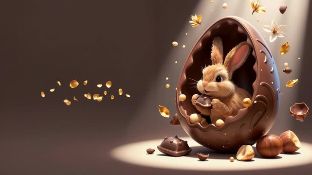 a cute, brown rabbit with big ears, sitting inside a broken chocolate egg, surrounded by scattered nuts and small flowers, with light shining from above.