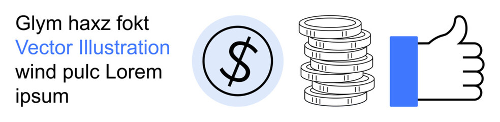 Obraz premium Finance, profit, feedback, monetary systems, online payment, promotion. Circular dollar icon, stacked coins thumbs-up. Finance and profit concepts visually with clear symbols