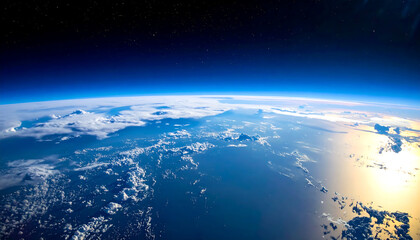 Earth view from space, vibrant blue atmosphere. Clouds reflect sunlight. Dark horizon dotted with stars