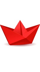 A vibrant, folded paper boat rendered in bright red