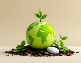 Eco Globe with Green Leaves and Pebble Modern Artwork