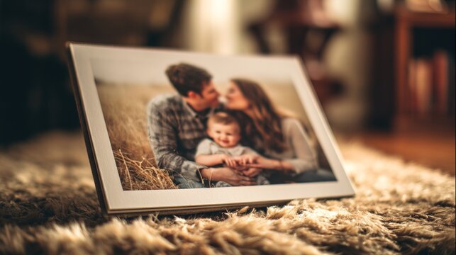 relative. Family photo album on a cozy rug, evoking warmth and domestic harmony. lifestyle magazines, social media lookbooks, designed for lifestyle magazines and social media content.