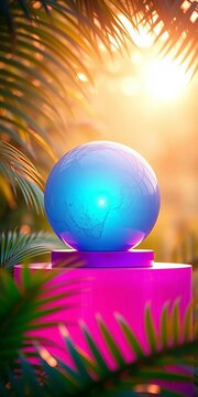 Vibrant grey orb, a sapphire glow, whispers tech secrets on a fuchsia pedestal, framed by emerald fronds ,  minimalist,  tabletop