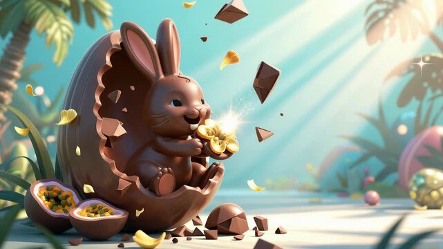 a cute brown bunny with large ears, sitting inside a broken chocolate egg, eating a golden flower. Crumbs and chocolate pieces float around. Bunny has big.