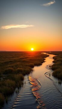 Golden sun bathes Virginia saltmarsh at sunset, tide ebbs & flows,  aquatic, coastal wetland