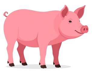 Fototapeta premium A smiling, cartoon-style pig with pink skin and a curly tail