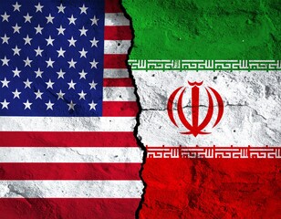 Torn flags of America and Iran symbolizing conflict and tension between the two nations, representing international relations and geopolitical issues.
