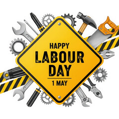 Happy labour day 1 may banner with tools isolated on transparent background