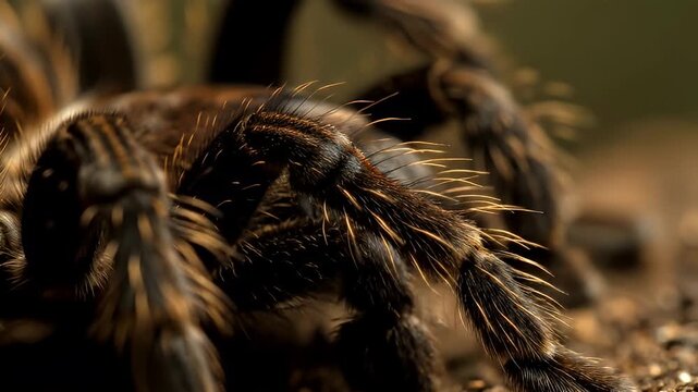 Close up of a large tarantulas hairy legs and body moving slowly.