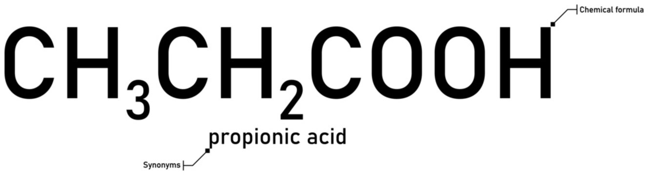 Propionic acid chemical formula and synonyms with callout titles