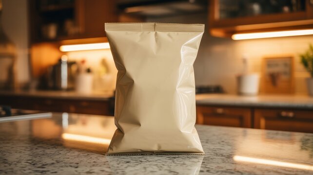An empty chip bag sitting on a kitchen counter