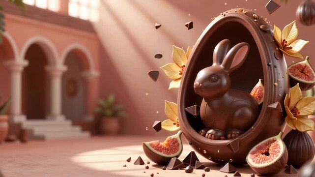  a chocolate rabbit inside an oval chocolate egg, surrounded by sliced figs and triangular chocolate pieces, in a sunlit, archway-filled room with potted plants.