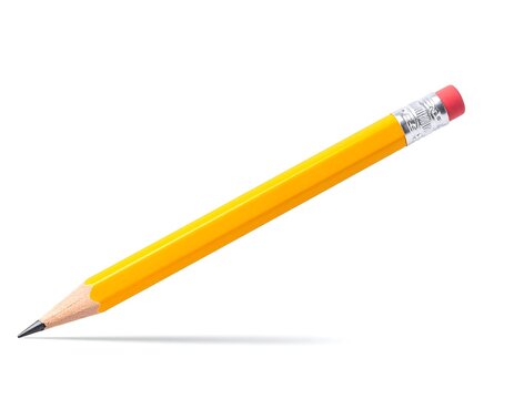 A yellow, sharpened writing tool with an eraser on a white background